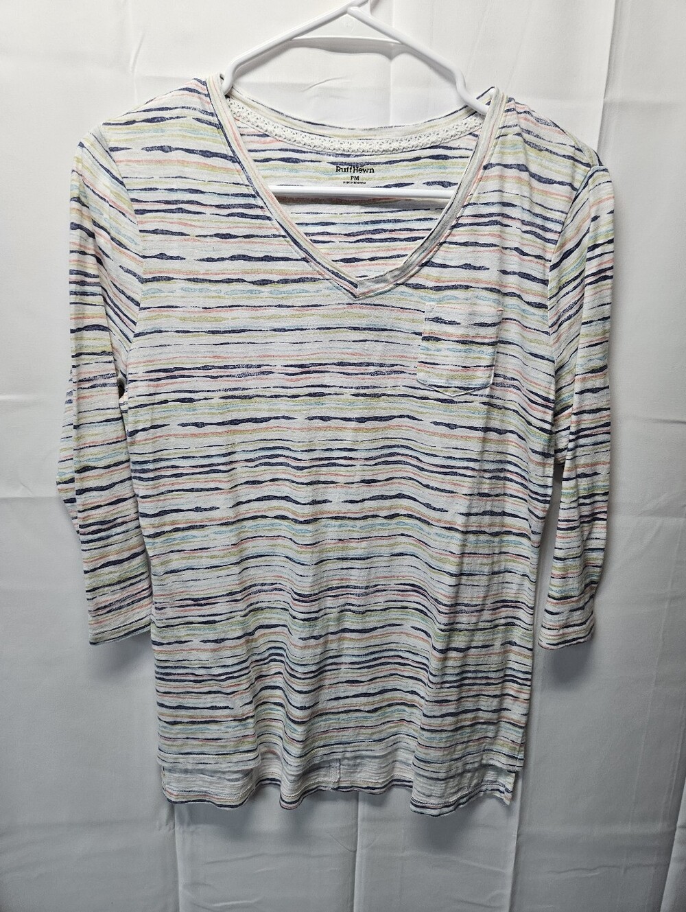 Ruff Hewn Pastel Striped V-Neck Long Sleeve Tee - White with Pastel Stripes
